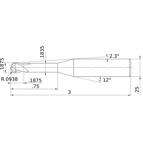 3/16″ Dia. × 1/4″ Shank × 3/16″ DOC × 3″ OAL, Carbide Impact Miracle, 2 Flute, 30° Helix, Ballnose End Mill VF2XLBD3/16N4D