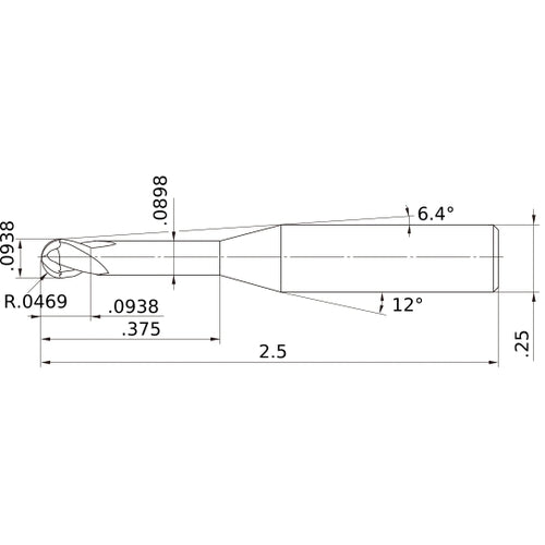 ‎3/32″ Dia. × 1/4″ Shank × 3/32″ DOC × 2-1/2″ OAL, Carbide Impact Miracle, 2 Flute, 30° Helix, Ballnose End Mill VF2XLBD3/32N4D