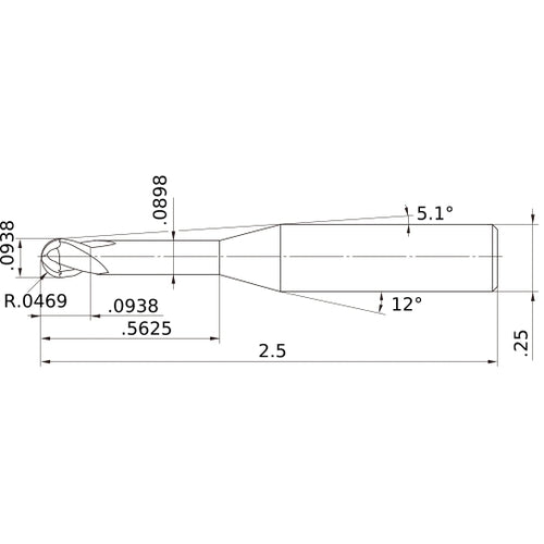 ‎3/32″ Dia. × 1/4″ Shank × 3/32″ DOC × 2-1/2″ OAL, Carbide Impact Miracle, 2 Flute, 30° Helix, Ballnose End Mill VF2XLBD3/32N6D