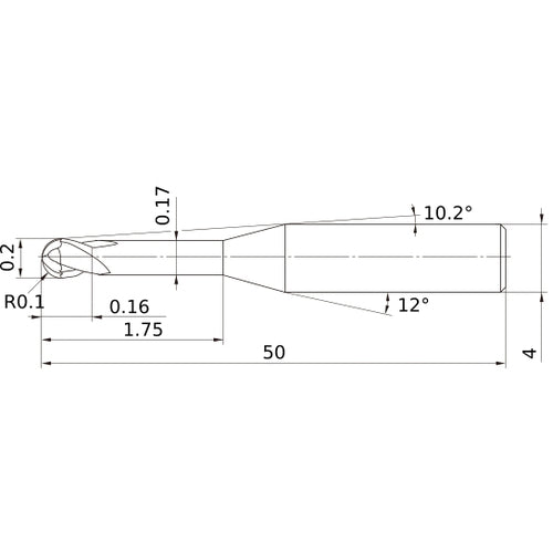 0.2 mm Dia. × 4 mm Shank × 0.16 mm DOC × 50 mm OAL, Carbide Impact Miracle, 2 Flute, 30° Helix, Ballnose End Mill VF2XLBR0010N018S04