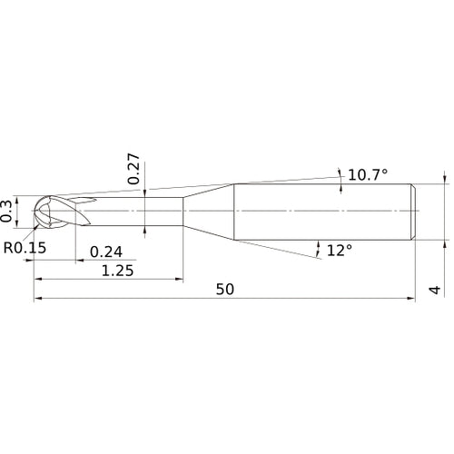 0.3 mm Dia. × 4 mm Shank × 0.24 mm DOC × 50 mm OAL, Carbide Impact Miracle, 2 Flute, 30° Helix, Ballnose End Mill VF2XLBR0015N013S04