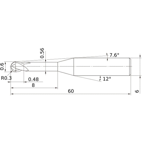 0.6 mm Dia. × 6 mm Shank × 0.48 mm DOC × 60 mm OAL, Carbide Impact Miracle, 2 Flute, 30° Helix, Ballnose End Mill VF2XLBR0030N080S06