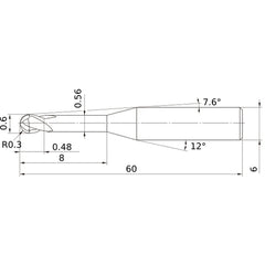 0.6 mm Dia. × 6 mm Shank × 0.48 mm DOC × 60 mm OAL, Carbide Impact Miracle, 2 Flute, 30° Helix, Ballnose End Mill VF2XLBR0030N080S06