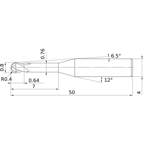 0.8 mm Dia. × 4 mm Shank × 0.64 mm DOC × 50 mm OAL, Carbide Impact Miracle, 2 Flute, 30° Helix, Ballnose End Mill VF2XLBR0040N070S04