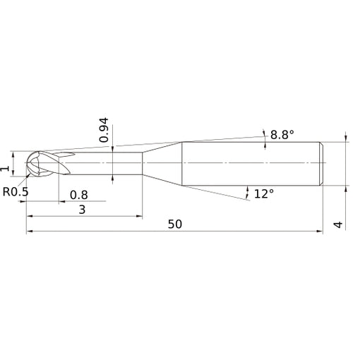 1 mm Dia. × 4 mm Shank × 0.8 mm DOC × 50 mm OAL, Carbide Impact Miracle, 2 Flute, 30° Helix, Ballnose End Mill VF2XLBR0050N030S04