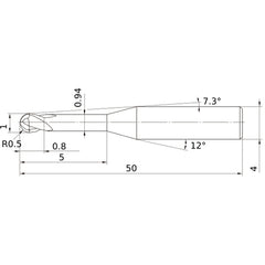 1 mm Dia. × 4 mm Shank × 0.8 mm DOC × 50 mm OAL, Carbide Impact Miracle, 2 Flute, 30° Helix, Ballnose End Mill VF2XLBR0050N050S04