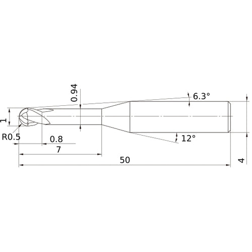 1 mm Dia. × 4 mm Shank × 0.8 mm DOC × 50 mm OAL, Carbide Impact Miracle, 2 Flute, 30° Helix, Ballnose End Mill VF2XLBR0050N070S04