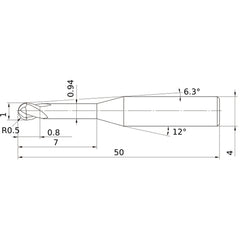 1 mm Dia. × 4 mm Shank × 0.8 mm DOC × 50 mm OAL, Carbide Impact Miracle, 2 Flute, 30° Helix, Ballnose End Mill VF2XLBR0050N070S04
