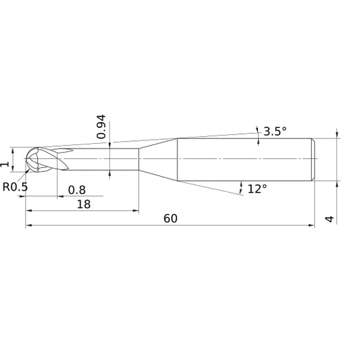 1 mm Dia. × 4 mm Shank × 0.8 mm DOC × 60 mm OAL, Carbide Impact Miracle, 2 Flute, 30° Helix, Ballnose End Mill VF2XLBR0050N180S04