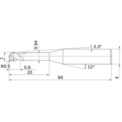 1 mm Dia. × 4 mm Shank × 0.8 mm DOC × 60 mm OAL, Carbide Impact Miracle, 2 Flute, 30° Helix, Ballnose End Mill VF2XLBR0050N200S04