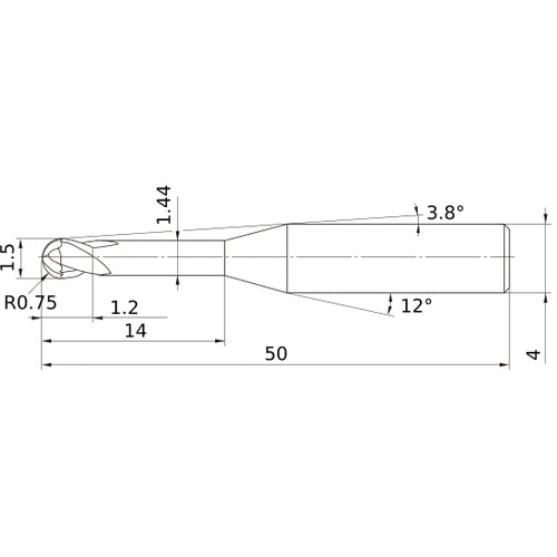 1.5 mm Dia. × 4 mm Shank × 1.2 mm DOC × 50 mm OAL, Carbide Impact Miracle, 2 Flute, 30° Helix, Ballnose End Mill VF2XLBR0075N140S04