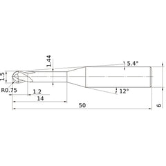 1.5 mm Dia. × 6 mm Shank × 1.2 mm DOC × 50 mm OAL, Carbide Impact Miracle, 2 Flute, 30° Helix, Ballnose End Mill VF2XLBR0075N140S06
