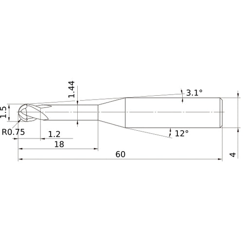 1.5 mm Dia. × 4 mm Shank × 1.2 mm DOC × 60 mm OAL, Carbide Impact Miracle, 2 Flute, 30° Helix, Ballnose End Mill VF2XLBR0075N180S04