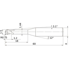 1.5 mm Dia. × 4 mm Shank × 1.2 mm DOC × 60 mm OAL, Carbide Impact Miracle, 2 Flute, 30° Helix, Ballnose End Mill VF2XLBR0075N180S04
