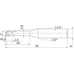 3 mm Dia. × 6 mm Shank × 2.4 mm DOC × 70 mm OAL, Carbide Impact Miracle, 2 Flute, 30° Helix, Ballnose End Mill VF2XLBR0150N300S06