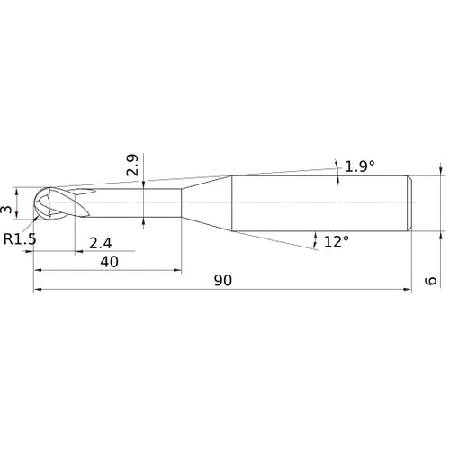 3 mm Dia. × 6 mm Shank × 2.4 mm DOC × 90 mm OAL, Carbide Impact Miracle, 2 Flute, 30° Helix, Ballnose End Mill VF2XLBR0150N400S06