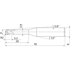 4 mm Dia. × 6 mm Shank × 3.2 mm DOC × 70 mm OAL, Carbide Impact Miracle, 2 Flute, 30° Helix, Ballnose End Mill VF2XLBR0200N200S06