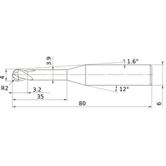 4 mm Dia. × 6 mm Shank × 3.2 mm DOC × 80 mm OAL, Carbide Impact Miracle, 2 Flute, 30° Helix, Ballnose End Mill VF2XLBR0200N350S06
