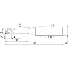 5 mm Dia. × 6 mm Shank × 4 mm DOC × 80 mm OAL, Carbide Impact Miracle, 2 Flute, 30° Helix, Ballnose End Mill VF2XLBR0250N300S06