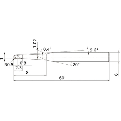 1 mm Dia. × 6 mm Shank × 0.8 mm DOC × 60 mm OAL, Carbide 3 Flute, 30° Helix, Ballnose End Mill VF3XBR0050T0024L008