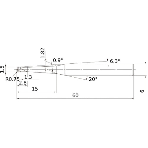 1.5 mm Dia. × 6 mm Shank × 1.3 mm DOC × 60 mm OAL, Carbide 3 Flute, 30° Helix, Ballnose End Mill VF3XBR0075T0054L015