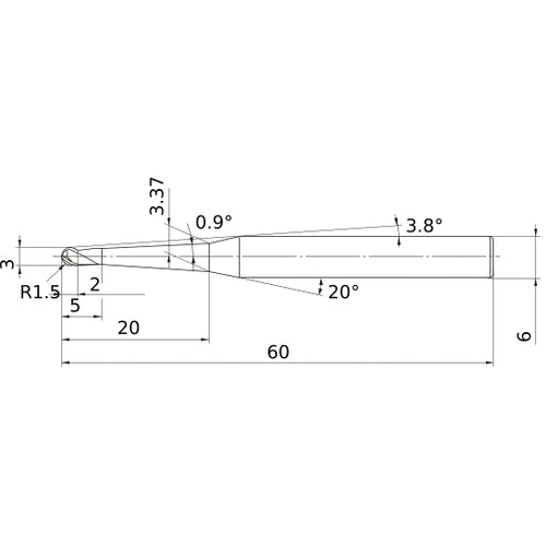 3 mm Dia. × 6 mm Shank × 2 mm DOC × 60 mm OAL, Carbide 3 Flute, 30° Helix, Ballnose End Mill VF3XBR0150T0054L020