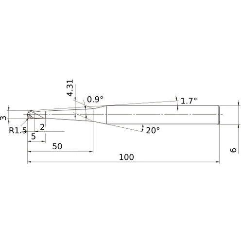 3 mm Dia. × 6 mm Shank × 2 mm DOC × 100 mm OAL, Carbide 3 Flute, 30° Helix, Ballnose End Mill VF3XBR0150T0054L050