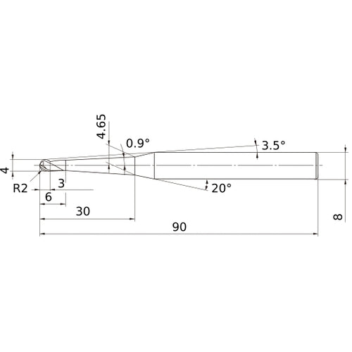 4 mm Dia. × 8 mm Shank × 3 mm DOC × 90 mm OAL, Carbide 3 Flute, 30° Helix, Ballnose End Mill VF3XBR0200T0054L030