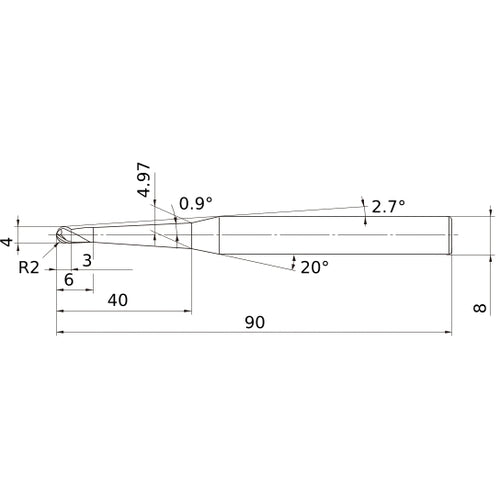 4 mm Dia. × 8 mm Shank × 3 mm DOC × 90 mm OAL, Carbide 3 Flute, 30° Helix, Ballnose End Mill VF3XBR0200T0054L040