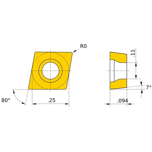 CCET 21.5 L-SN HTi10, 0 mm Corner Radius, 2.38 mm Thick, 6.35 mm Inscribed Circle, Turning Indexable Insert