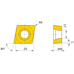 CCET 21.5 R-SN HTi10, 0 mm Corner Radius, 2.38 mm Thick, 6.35 mm Inscribed Circle, Turning Indexable Insert