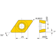 DCET 21.5 R-SN HTi10, 0.03 mm Corner Radius, 2.38 mm Thick, 6.35 mm Inscribed Circle, Turning Indexable Insert