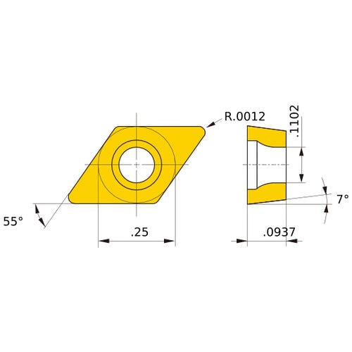 DCET 21.5 R-SR HTi10, 0.03 mm Corner Radius, 2.38 mm Thick, 6.35 mm Inscribed Circle, Turning Indexable Insert