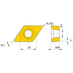 DCMT 21.52 SV VP15TF, 0.8 mm Corner Radius, 2.38 mm Thick, 6.35 mm Inscribed Circle, Turning Indexable Insert