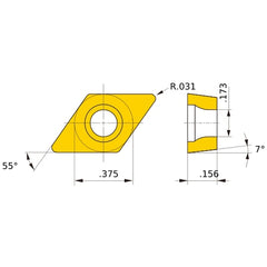 DCMT 32.52 FV VP15TF, 0.8 mm Corner Radius, 3.97 mm Thick, 9.525 mm Inscribed Circle, Turning Indexable Insert