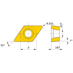 DCMW 432 flat_top HTi10, 1/32″ Corner Radius, 3/16″ Thick, 1/2″ Inscribed Circle, Turning Indexable Insert