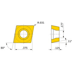 CPGB 322 flat_top BC8130, 0.8 mm Corner Radius, 3.18 mm Thick, 9.525 mm Inscribed Circle, Turning Indexable Insert
