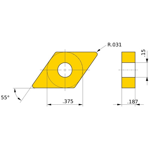 DNGA 332 flat_top BC8130, 0.8 mm Corner Radius, 4.76 mm Thick, 9.525 mm Inscribed Circle, Turning Indexable Insert