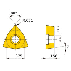 WCGW 32.52 flat_top MBC020, 0.8 mm Corner Radius, 3.97 mm Thick, 9.525 mm Inscribed Circle, Turning Indexable Insert