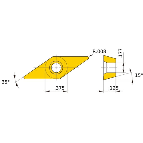 VDGX 320.5 L HTi10, 0.2 mm Corner Radius, 3.18 mm Thick, 9.525 mm Inscribed Circle, Turning Indexable Insert
