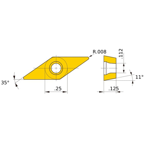 VPET 220.5 R-SRF VP15TF, 0.2 mm Corner Radius, 3.18 mm Thick, 6.35 mm Inscribed Circle, Turning Indexable Insert