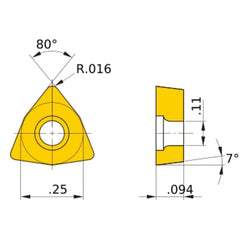 WCGT 21.51 MJ-P RT9005, 0.4 mm Corner Radius, 2.38 mm Thick, 6.35 mm Inscribed Circle, Turning Indexable Insert
