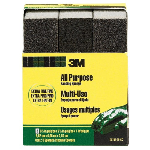 ‎3M General Purpose Sanding Sponge 907NA-3P-CC 3 3/4″ × 2 5/8″ × 1″ Dual Grit Extra Fine/Fine - Americas Industrial Supply