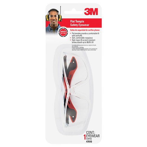 3M Flat Temple Safety Eyewear 47010-WV12 Black/Red Frame Clear/Scratch Resistant Lens - Americas Industrial Supply