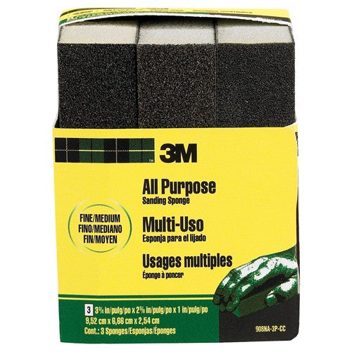 ‎3M General Purpose Sanding Sponge 908NA-3P-CC 3 3/4″ × 2 5/8″ × 1″ Dual Grit Fine/Medium - Americas Industrial Supply