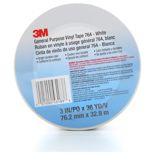 3M General Purpose Vinyl Tape 764 White 3″ × 36 yd 5 mil Individually Wrapped Conveniently Packaged - Americas Industrial Supply